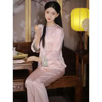 2023 chinês antigo estilo hanfu diário de pijama em casa com roupas estilo étnico terno gola redonda superior calças compridas de duas peças de conjunto g930