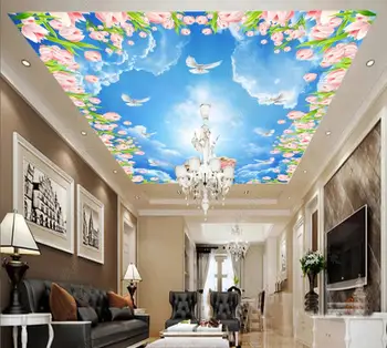 3d teto papel de parede mural de céu azul e nuvens brancas pombo tulip árvore de cereja decoração personalizada foto de papel de Parede para parede 3d