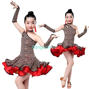 Crianças De Dança Vestido De Grão Do Leopardo Latina Vestido Para As Meninas, Cha-Cha Garoto Concurso Menina Dança Latina De Roupa De Crianças Latino-Traje