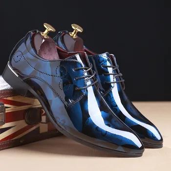 Homens Impressão Oxfords Sapatos de Festa de Casamento Broue Sapatos de Homens Sapatos Formais de Negócios de Couro de Patente Formal Sapatos de tamanho grande A24-01
