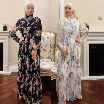 Nova Estampa Floral Vestimenta Muçulmana Mulheres Babados Dubai Abaya Turquia Kaftan Vestido De Festa De Vestuário Islâmico Eid Ramadã Manto Abayas Caftan