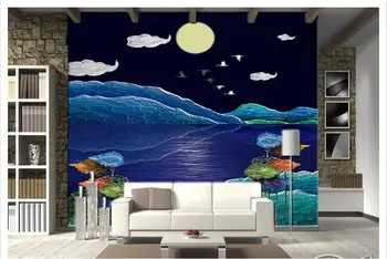 Personalizado 3d papel de parede 3d murais de parede do oceano Azul noite, paisagem paisagem pintura na parede do fundo beleza mural de parede