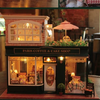 Novo 3D DIY Casa de Boneca com Móveis e Acessórios de Brinquedo em Miniatura Casa de bonecas Criativo Paris Café e Bolo Loja DIY Casa de Boneca de Brinquedo